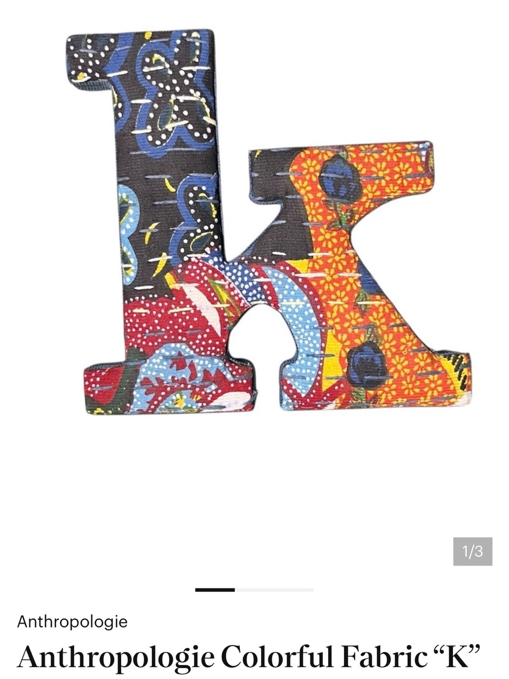 Anthropologie Colorful Fabric “K” Wall Hanging